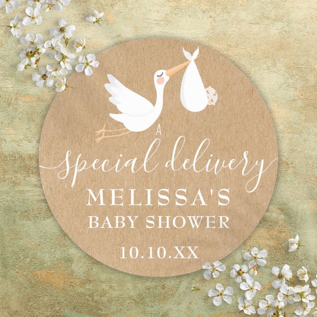 Sticker Rond Un Baby shower spécial de livraison/aspersion (A Special Delivery Stork Baby Shower/Sprinkle Classic Round Sticker)