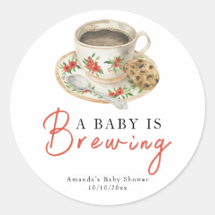 Sticker Rond Un bébé prépare une tasse de café Baby Shower