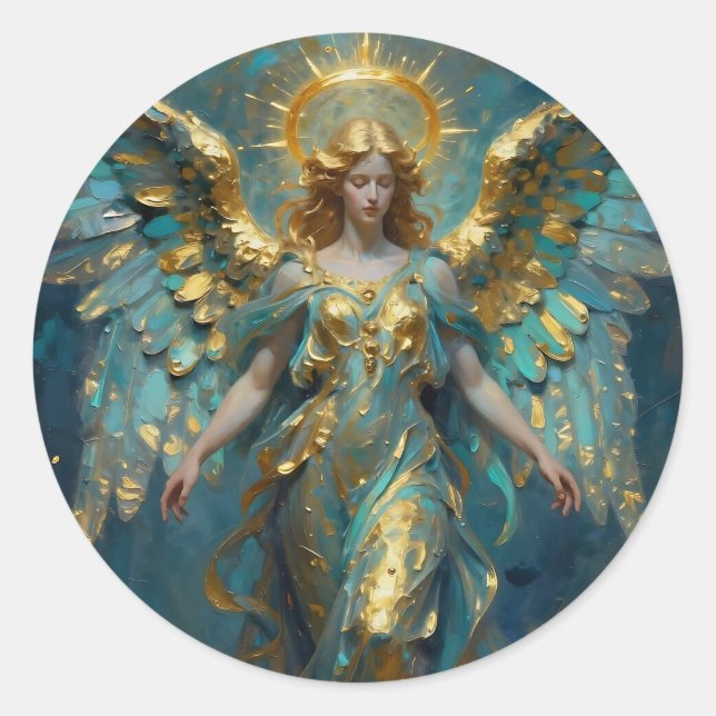 Sticker Rond Un bel ange en or et turquoise (Devant)