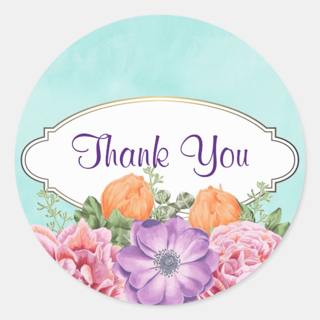 Sticker Rond Un bouquet de Merci aux fleurs d'aquarelle (Devant)
