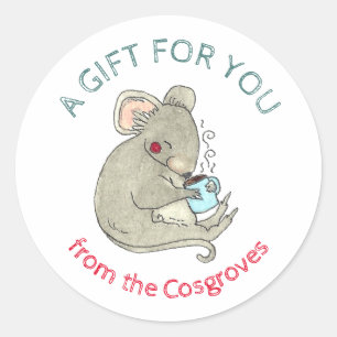 Sticker Rond Un cadeau pour vous souris avec chocolat chaud