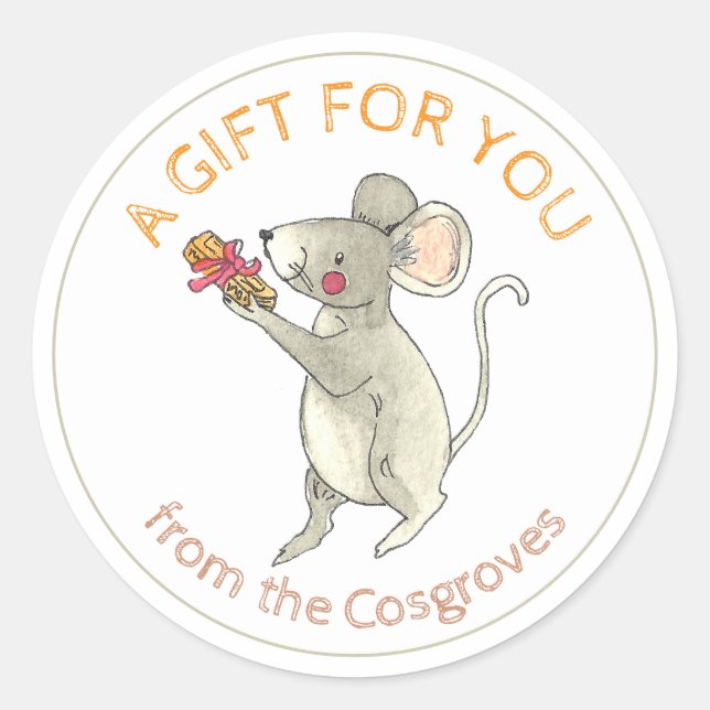 Sticker Rond Un cadeau pour vous souris avec livre cadeau (Devant)