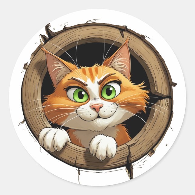 Sticker Rond Un chat de dessin animé avec des yeux verts brilla (Devant)