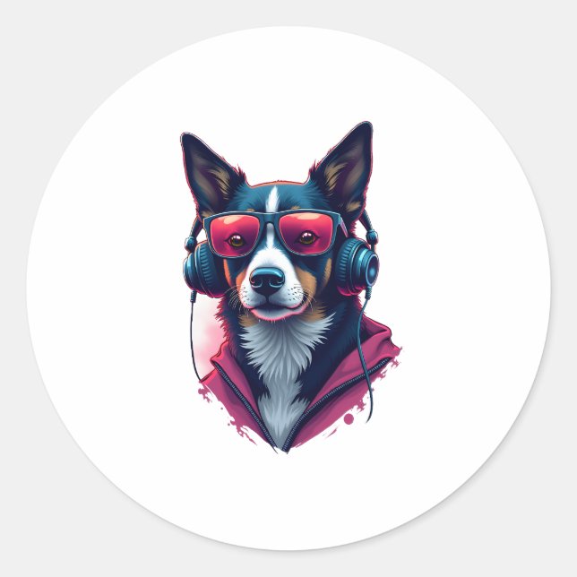 Sticker Rond Un chien Habu portant lunettes de soleil et casque (Devant)