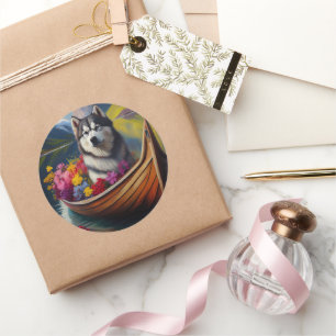 Sticker Rond Un chien malamué de l'Alaska à la pagaie : une ave