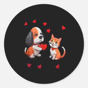 Sticker Rond Un Chien Qui M'Offre Un Coeur Rouge Un Chat Sur Un