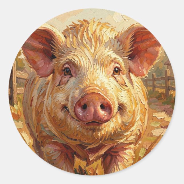 Sticker Rond Un cochon mignon dans une ferme boueuse (Devant)