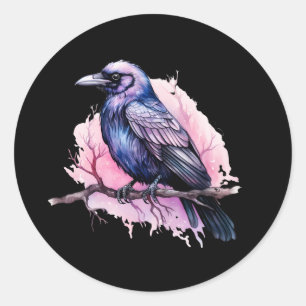Sticker Rond Un Corbeau noir sur une branche