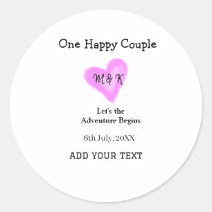 STICKER ROND UN COUPLE HEUREUX CŒUR ROSE MARIAGE NOM DATE