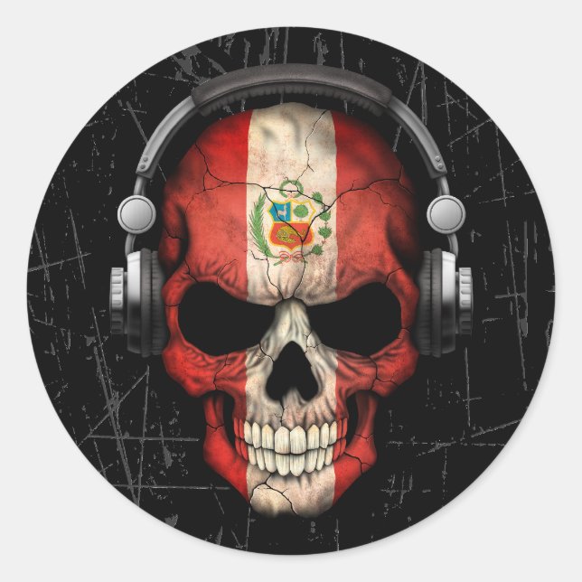 Sticker Rond Un crâne Dj péruvien griffé avec casque (Devant)