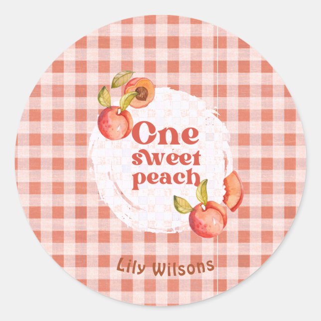 Sticker Rond Un Douce Pêche 1er Anniversaire Rustique Gingham (Devant)