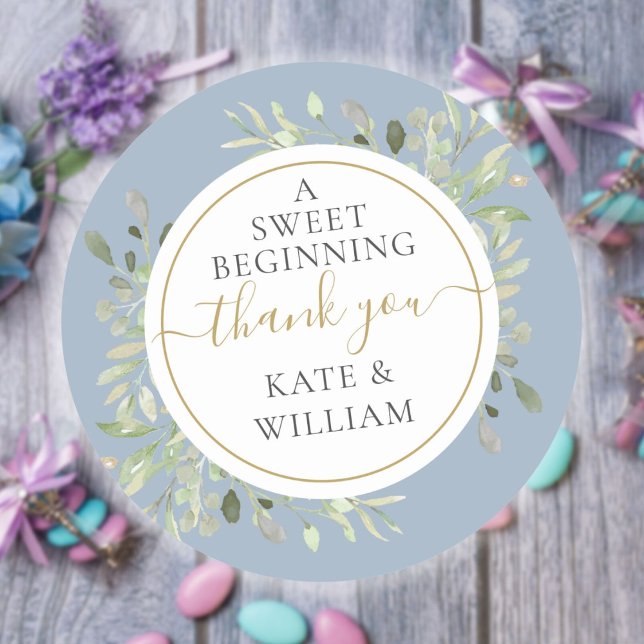 Sticker Rond Un doux début Dusty Blue Greenery Mariage (A Sweet Beginning Dusty Blue Greenery Wedding Classic Round Sticker)