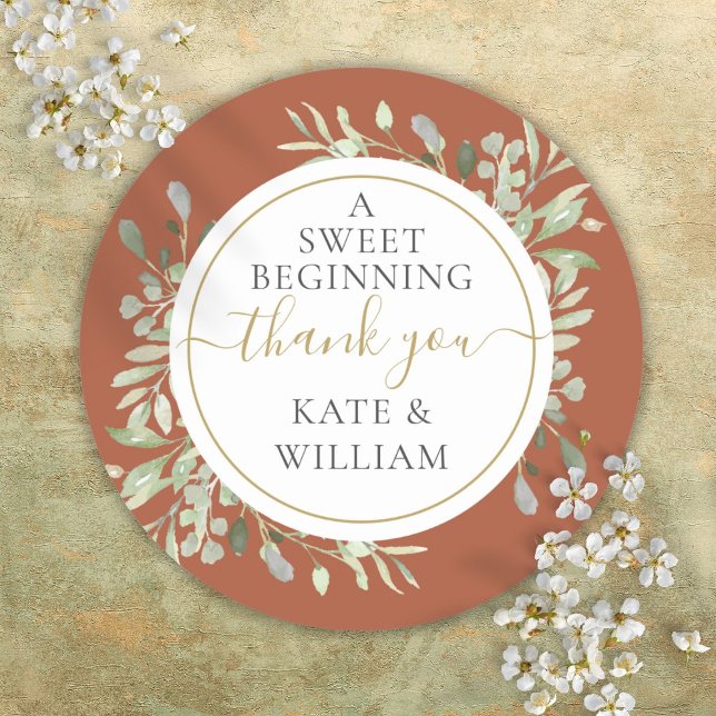 Sticker Rond Un doux début Mariage de verdure en terre cuite  (A Sweet Beginning Terracotta Greenery Wedding Classic Round Sticker)