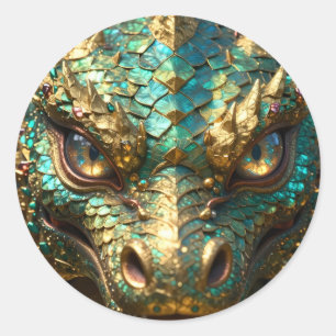 Sticker Rond Un dragon mystique turquoise et or