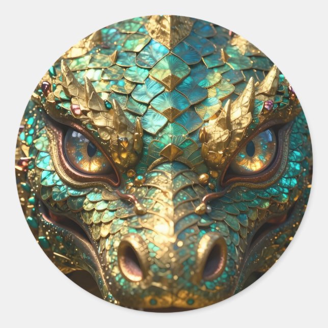 Sticker Rond Un dragon mystique turquoise et or (Devant)