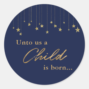 Sticker Rond Un enfant élégant pour nous naît Noël bleu or