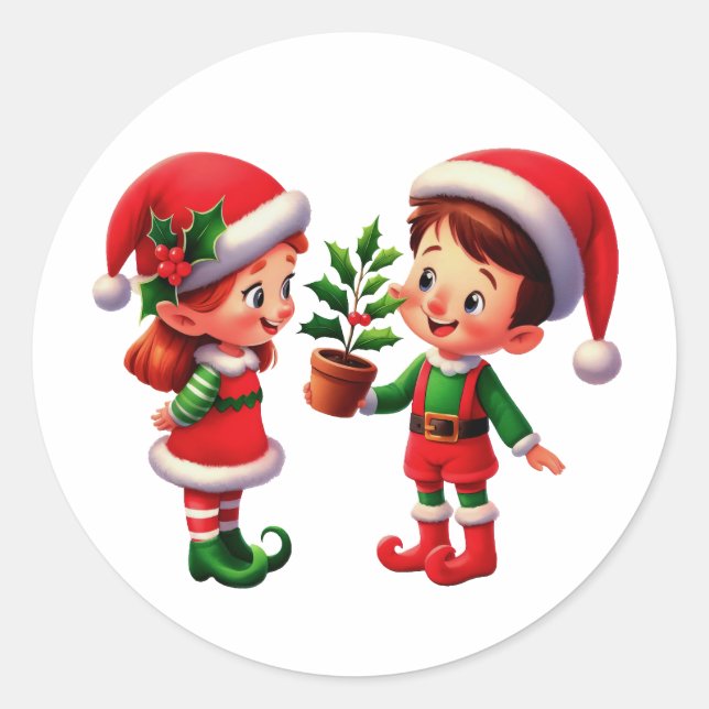 Sticker Rond Un garçon heureux et une fille Elf de Noël (Devant)
