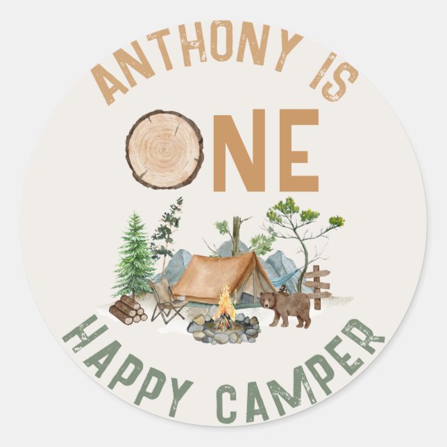 Sticker Rond Un heureux Camper aquarelle Woodland 1er anniversa (Devant)