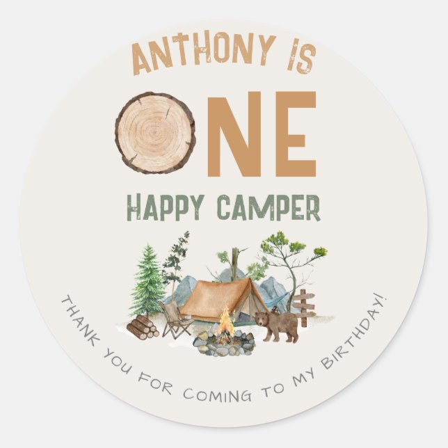 Sticker Rond Un heureux Camper aquarelle Woodland 1er anniversa (Devant)