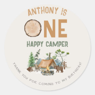 Sticker Rond Un heureux Camper aquarelle Woodland 1er anniversa