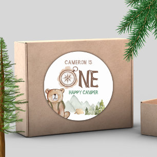 Sticker Rond Un heureux Camper Bear Woodland 1er anniversaire