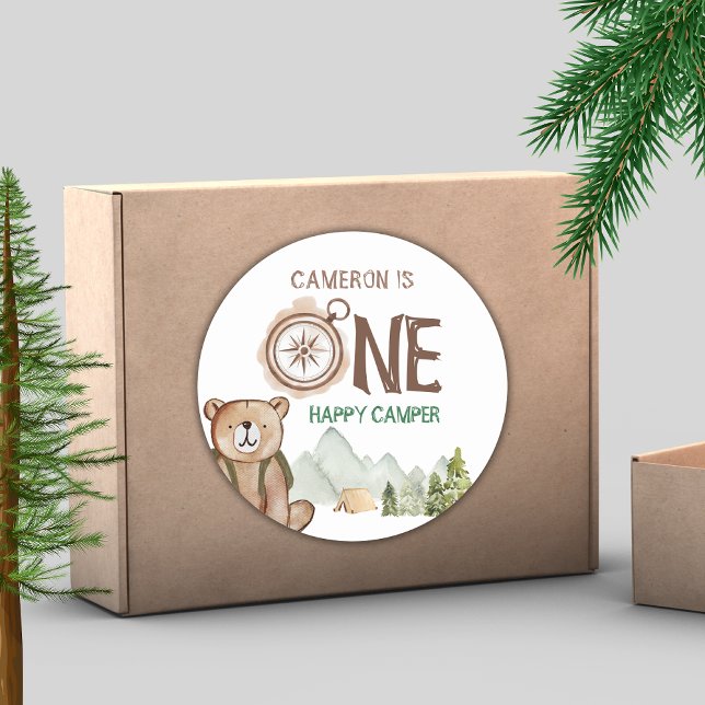 Sticker Rond Un heureux Camper Bear Woodland 1er anniversaire (Créateur téléchargé)