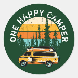 Sticker Rond Un heureux Camper Coucher de soleil Vintage avec C