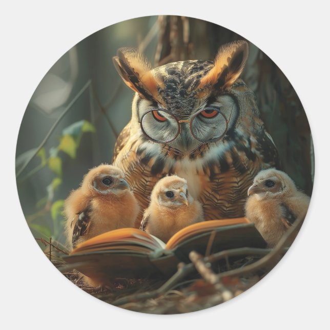 Sticker Rond Un hibou lisant un livre à des petits poussins (Devant)