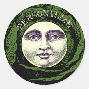 Sticker Rond Un homme dans la tête de chou vintage de la lune