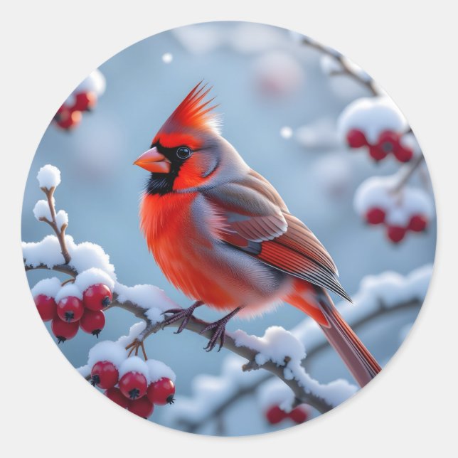 Sticker Rond Un joli cardinal sur un Noël enneigé (Devant)