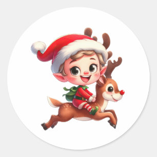 Sticker Rond Un joli elfe de Noël en voyage sur Rudolph