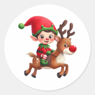 Sticker Rond Un joli elfe de Noël en voyage sur Rudolph