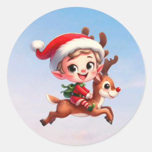 Sticker Rond Un joli elfe de Noël en voyage sur Rudolph