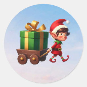 Sticker Rond Un joli elfe de Noël tirant un chariot avec un cad