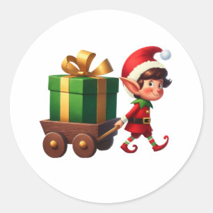 Sticker Rond Un joli elfe de Noël tirant un chariot avec un cad