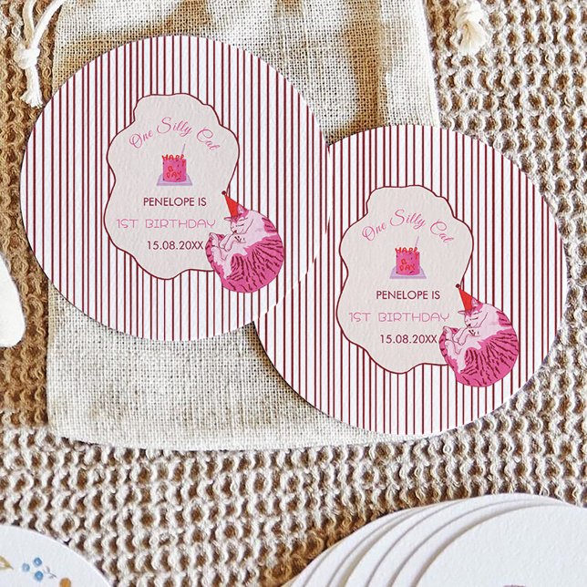 Sticker Rond Un joyeux anniversaire de chat rose 1 an (Créateur téléchargé)