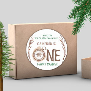Sticker Rond Un joyeux Camper Woodland 1er anniversaire