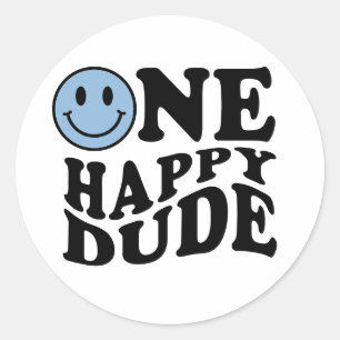 Sticker Rond Un joyeux Dude Retro Blue Smile Face 1er anniversa