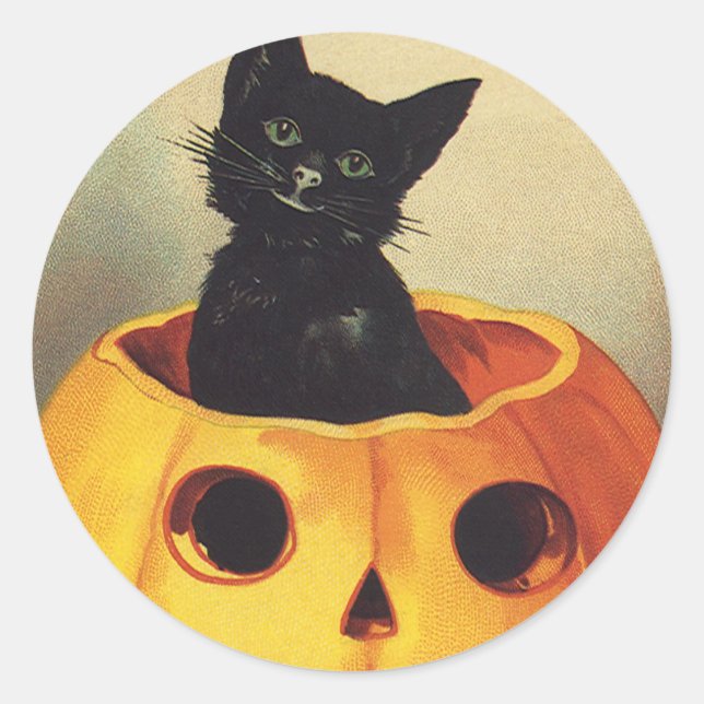 Sticker Rond Un joyeux Halloween par Ellen Clapsaddle, Chat Vin (Devant)