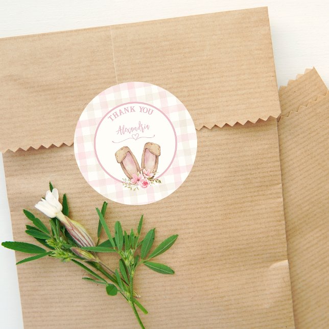 Sticker Rond Un Lapin Est En Train De Tourner Une Fille Rose (Cute Bunny 1st Girl Birthday Party Favor Stickers. Pink pastels watercolors with florals.)
