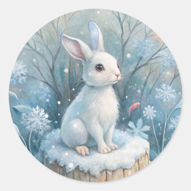 Sticker Rond Un lièvre mignon en hiver (Devant)