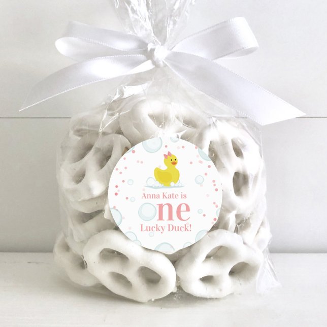 Sticker Rond Un Lucky Canard rose Premier anniversaire fête (Créateur téléchargé)