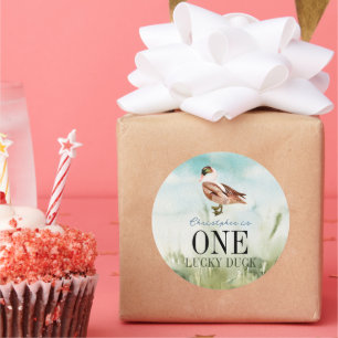 Sticker Rond Un Lucky Duck Watercolor garçon 1er anniversaire