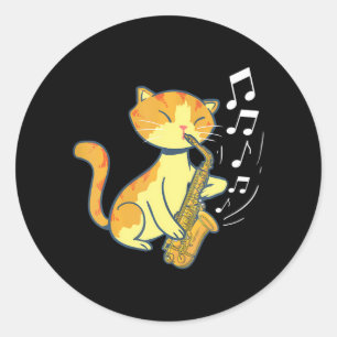 Sticker Rond Un mignon chat jouant au saxophone