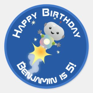 Sticker Rond Un mignon robot volant dans l'espace dessin animé