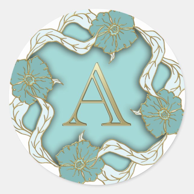 Sticker Rond Un monogramme, fond turquoise décoratif (Devant)
