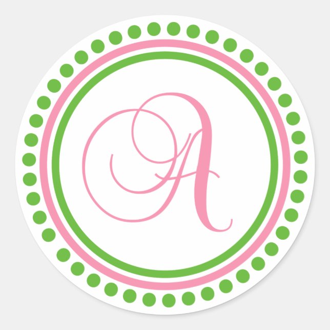 Sticker Rond Un monogramme (rose clair / cercle vert à points) (Devant)