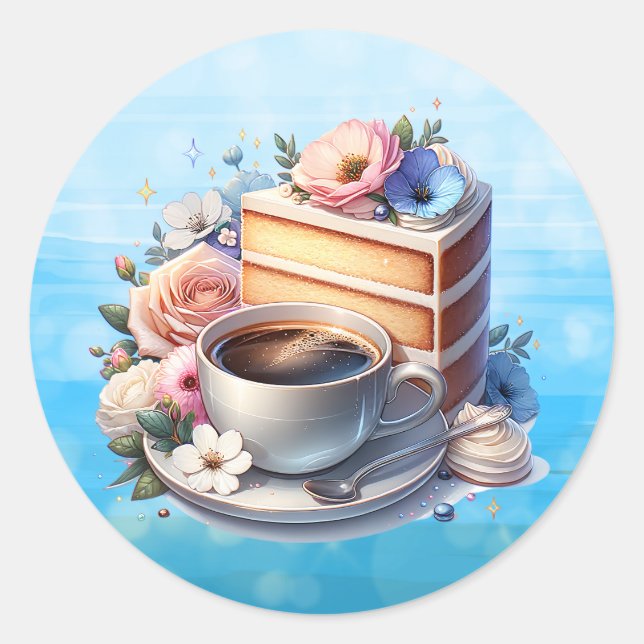 Sticker Rond Un morceau de gâteau, une coupe de café et des fle (Devant)