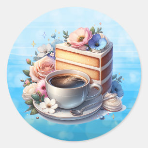 Sticker Rond Un morceau de gâteau, une coupe de café et des fle