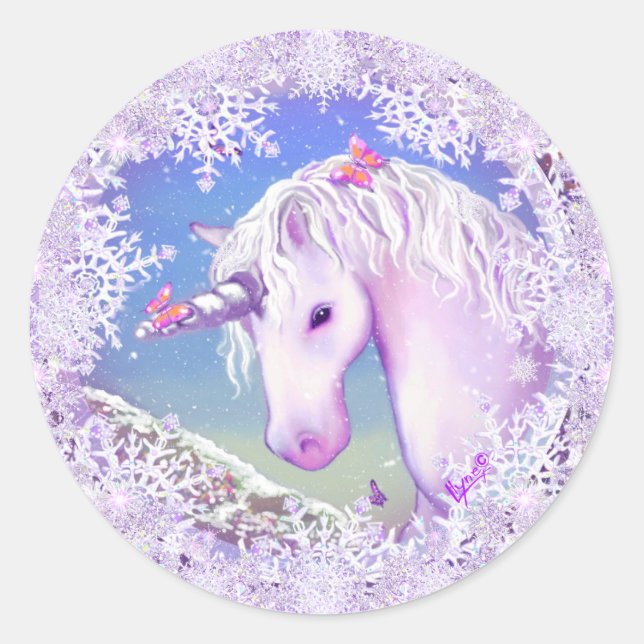 Sticker Rond Un paradis mauve et des flocons de neige (Devant)